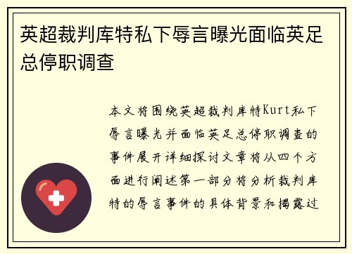 英超裁判库特私下辱言曝光面临英足总停职调查